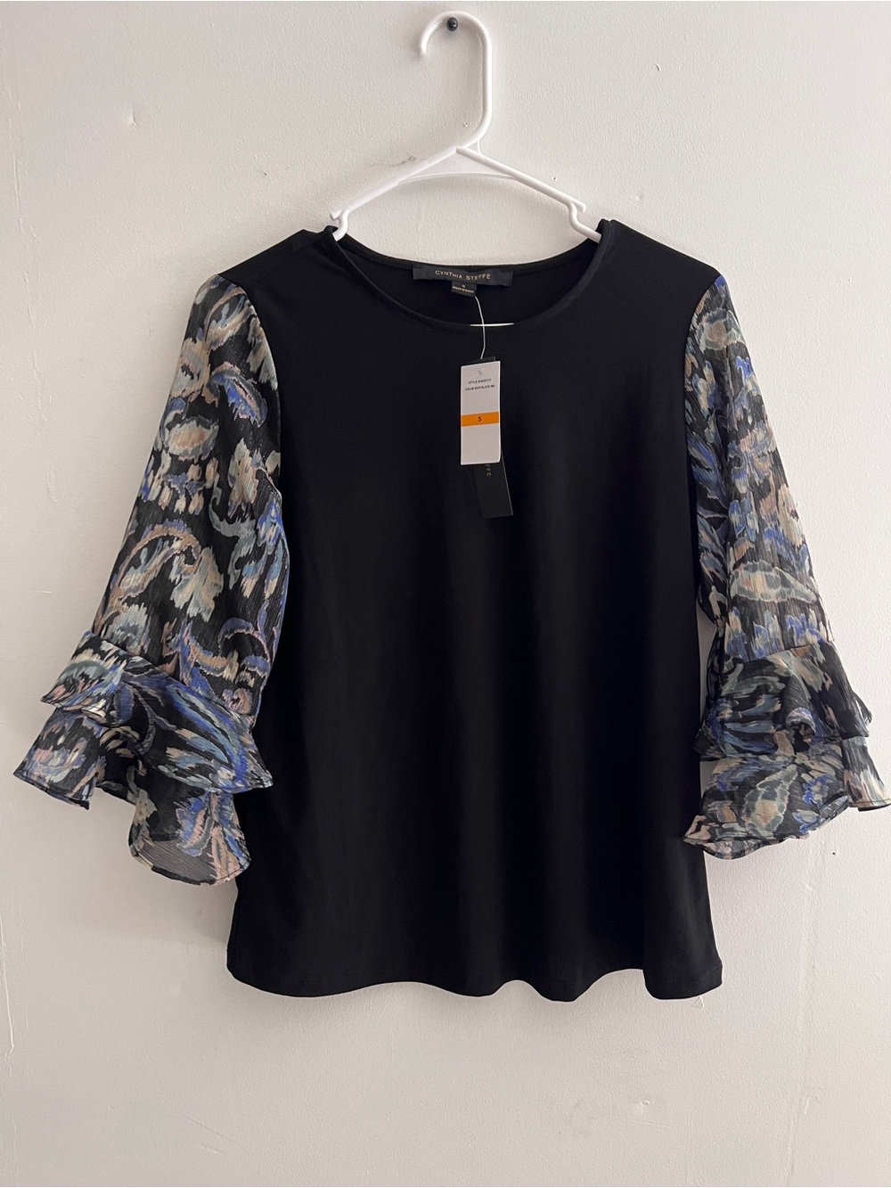 Cynthia Steffe Black Top with Blue and Gray Floral Ruffle Sleeves